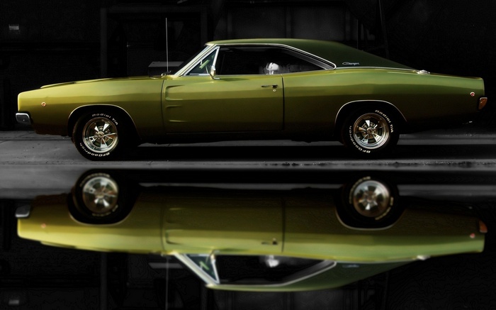 Green 1968 Dodge Charger muscle car reflection