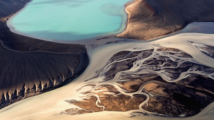 Aerial view of glacial river delta in Iceland