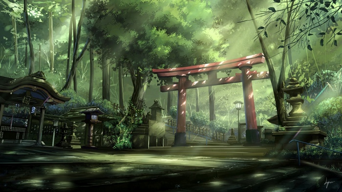sun rays, landscape, steps, torii, forest, Asian architecture, anime, trees