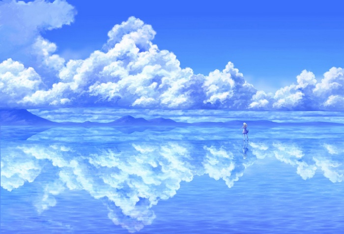 Anime landscape with a girl on a reflective surface
