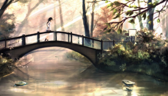 Anime girl walking on a bridge over water