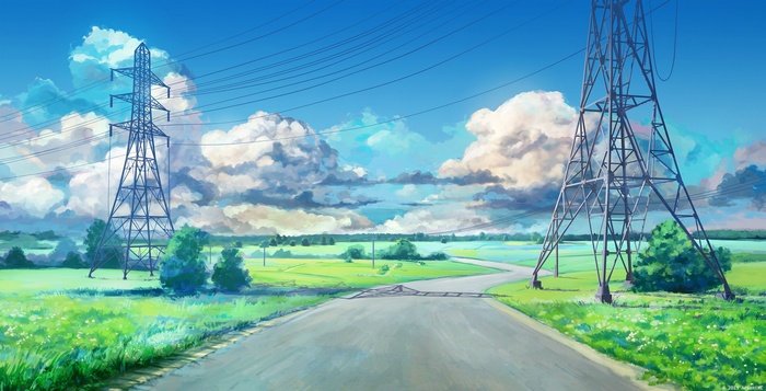 Everlasting Summer landscape with power lines and road