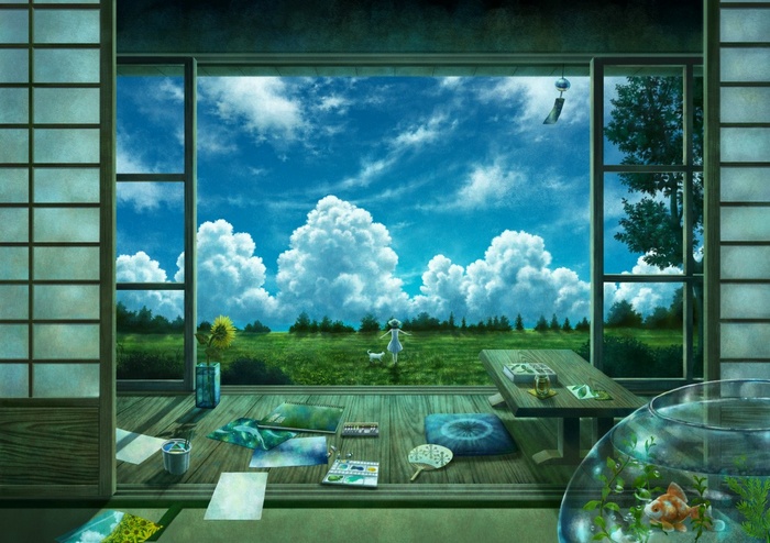 Anime girl and dog in a field with clouds