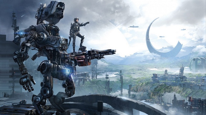 Titanfall robot with pilot overlooking futuristic city