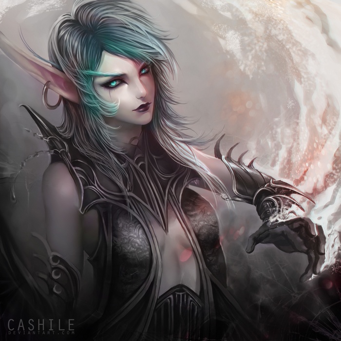 Night Elf woman with teal hair and glowing eyes