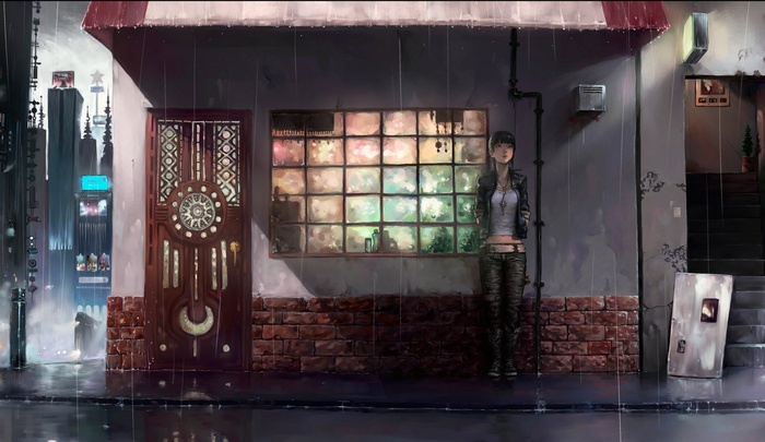 Anime girl standing in the rain outside a shop