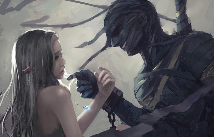 WLOP fantasy art of a girl and a mummy-like figure
