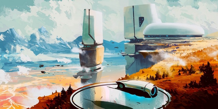 Duelyst digital art of futuristic structures and vehicles