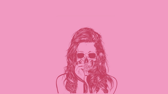 Pink background with a skull and woman's hair