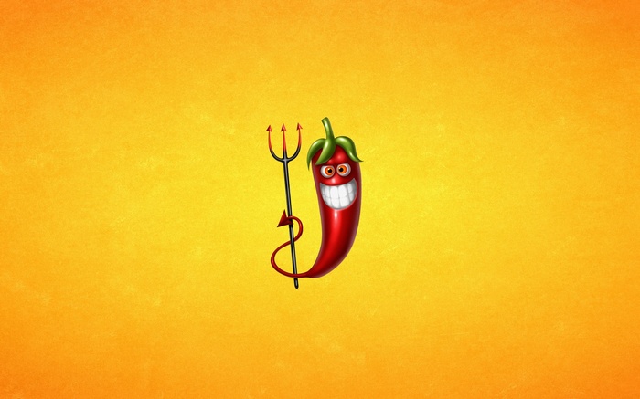 Devil Chili Pepper with Pitchfork on Yellow Background