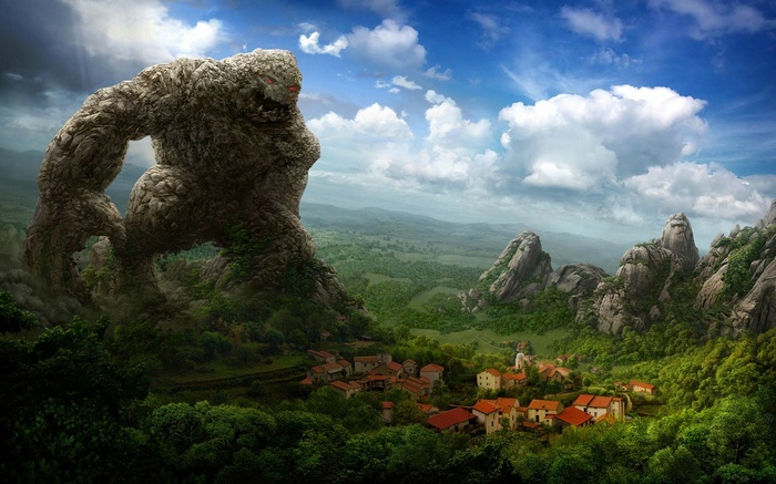 A stone golem looms over a fantasy village