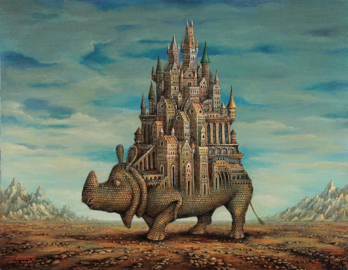Surreal rhino carrying a fantasy castle in a desert landscape