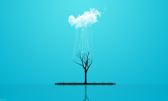Tree with cloud raining letters and reflection