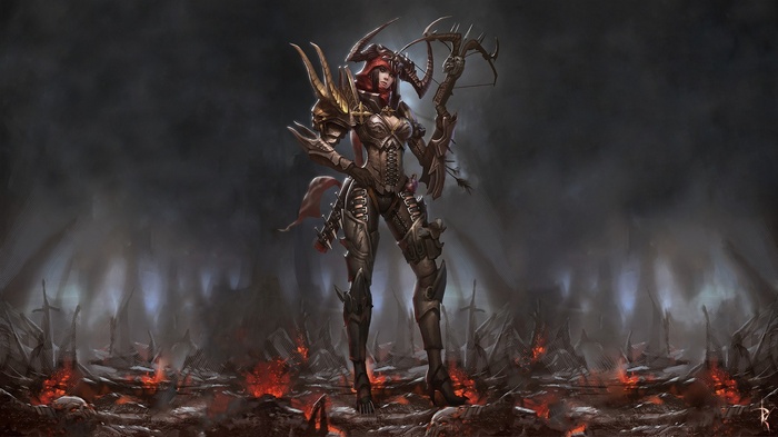Diablo III Demon Hunter in a fiery landscape