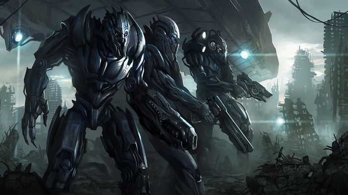 Three futuristic robots in a ruined city