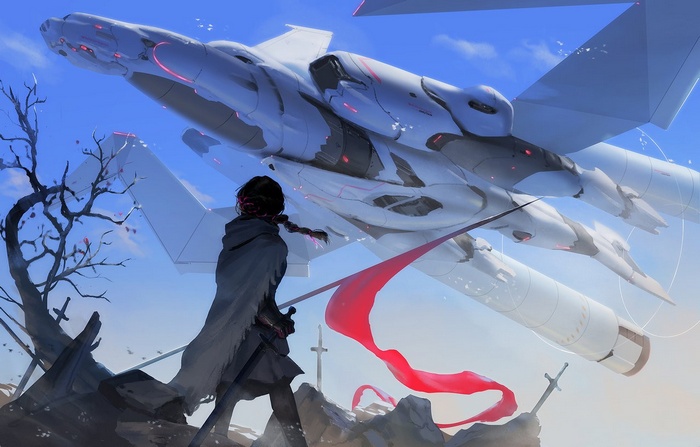 Artwork of a girl and a spaceship from Edge of Eternity
