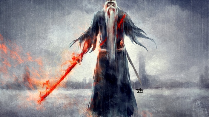 Genryūsai Shigekuni Yamamoto with flaming sword in rain