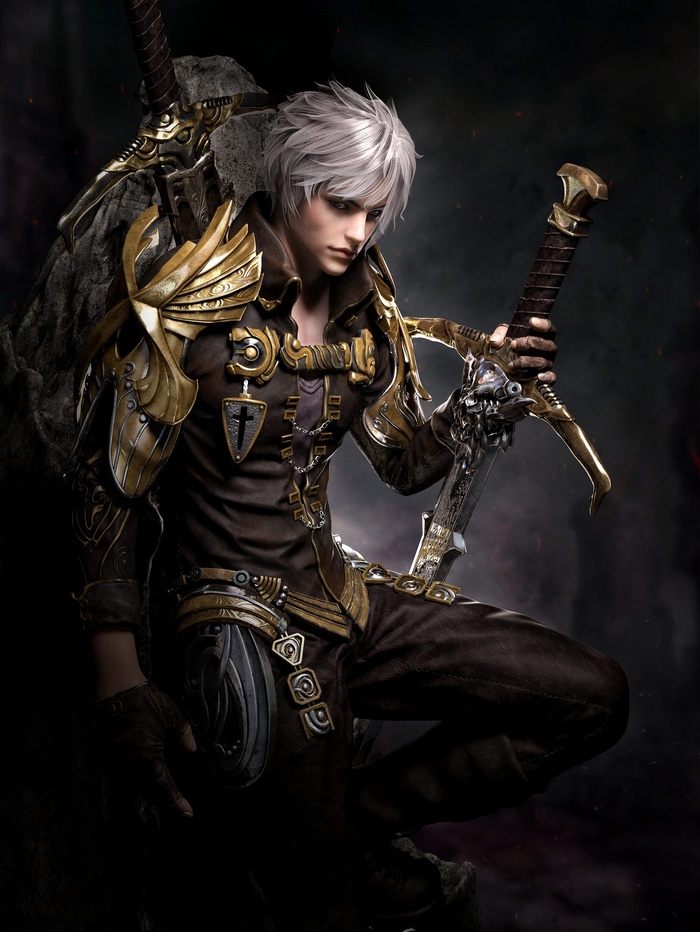 Man with white hair and golden armor holding a sword
