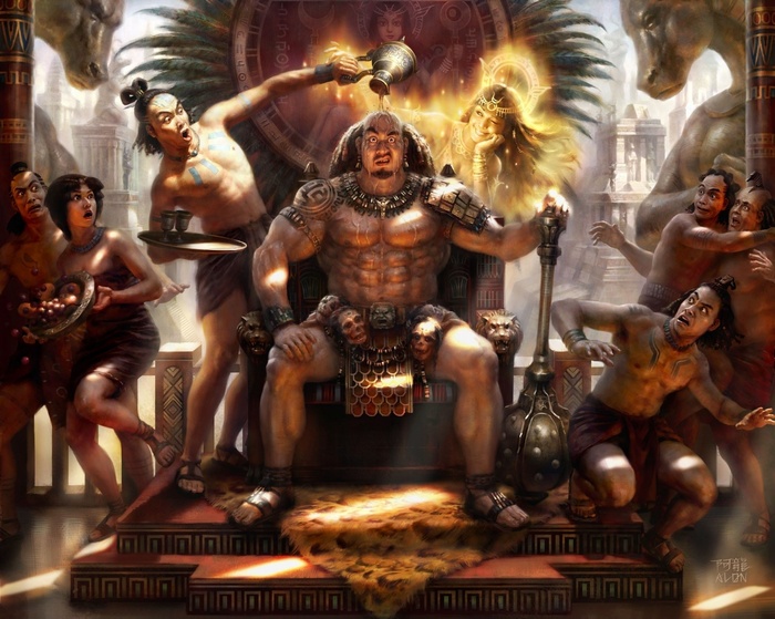 Ancient king on throne with attendants