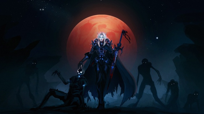 Undead Death Knight with Zombies under a Blood Moon