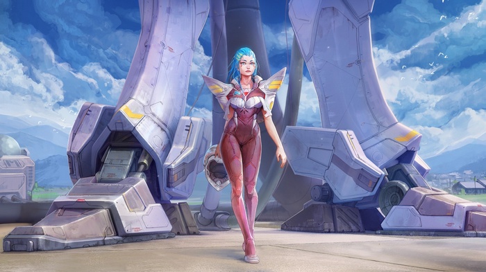 cube brush, science fiction, digital art, flight suits, women, robot, blue hair, mech, anime