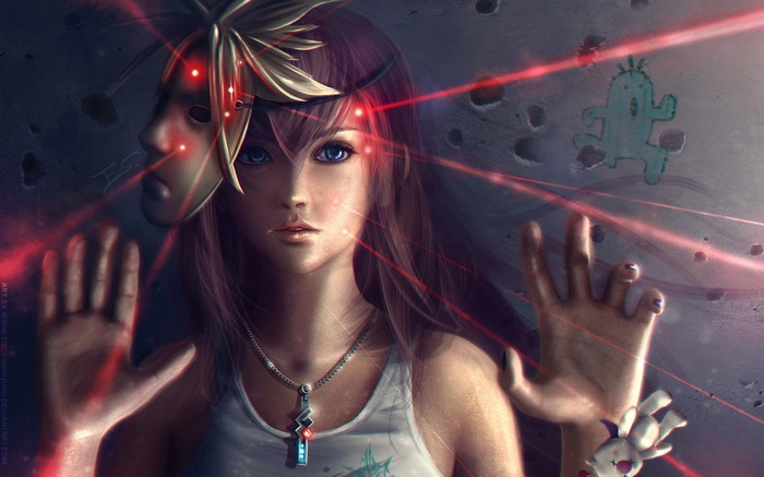 Lightning Farron with a mask and red lasers