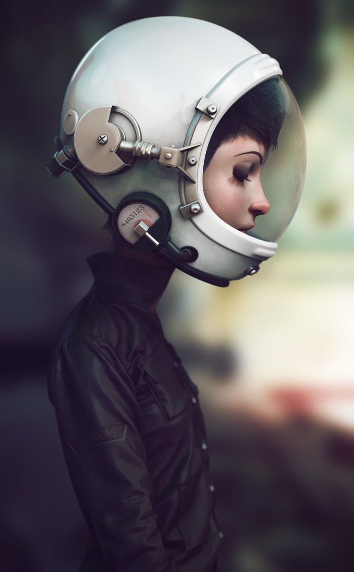Woman in astronaut helmet with "EXPLORE" patch