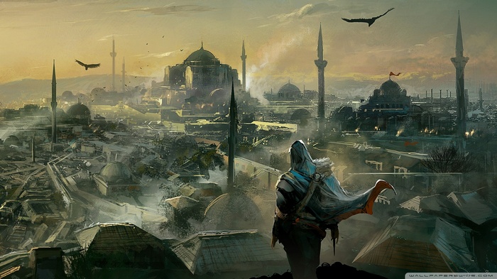 Assassin's Creed Revelations cityscape with assassin overlooking