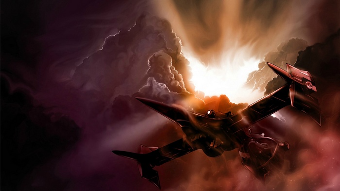 Cowboy Bebop spaceship flying through stormy clouds