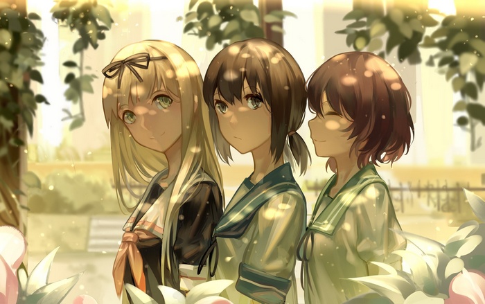 Anime girls in school uniforms with sunlight