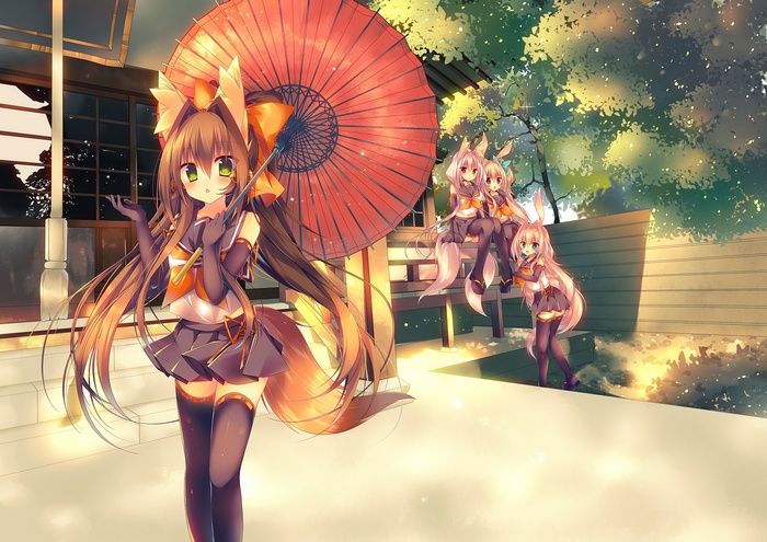 Anime girls with animal ears and umbrellas