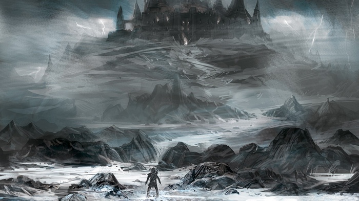 Fantasy castle in a stormy, mountainous landscape