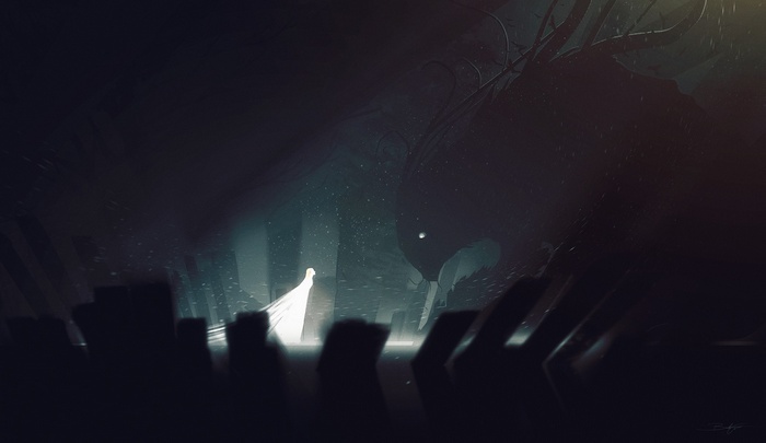 A glowing figure confronts a dark creature in a shadowy environment