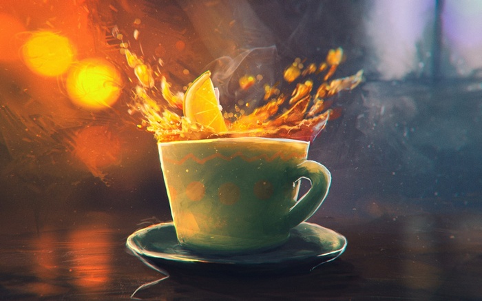 Artwork of a cup of tea with lemon and splashes