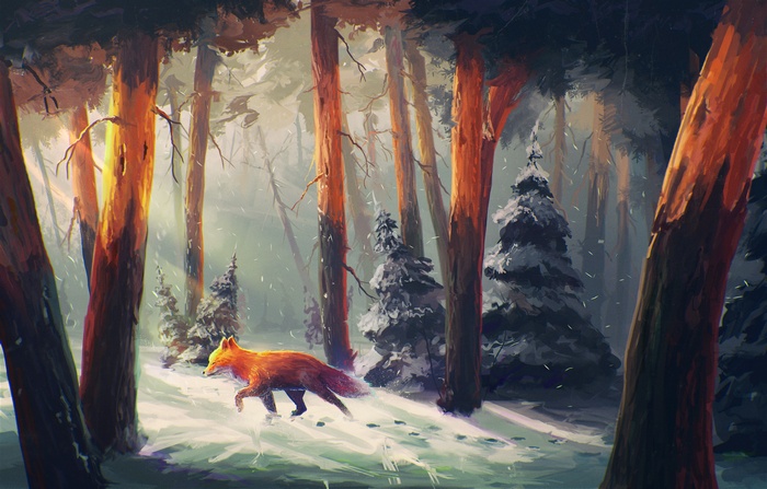 nature, fox, digital art, forest, animals, Sylar, artwork, sunlight, snow