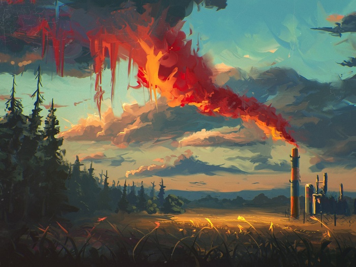 Artwork of a factory emitting red smoke