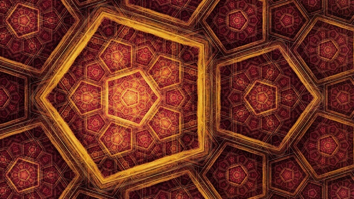 Geometric fractal pattern of red and gold pentagons