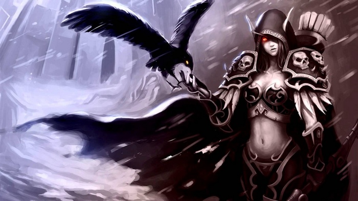 Sylvanas Windrunner with a raven in World of Warcraft artwork