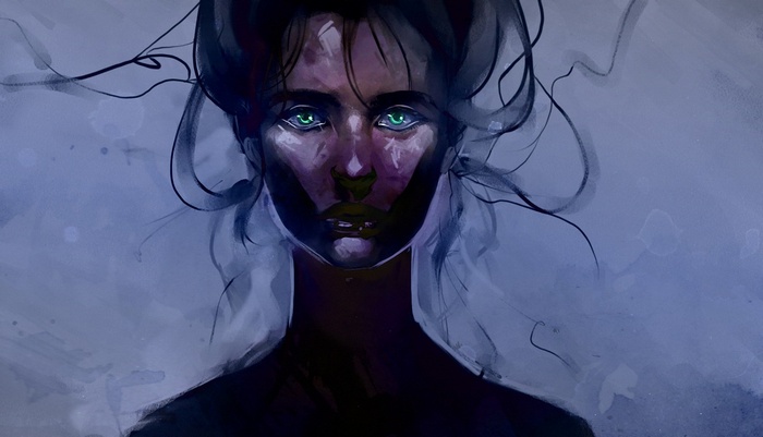 Artwork of a woman with glowing green eyes