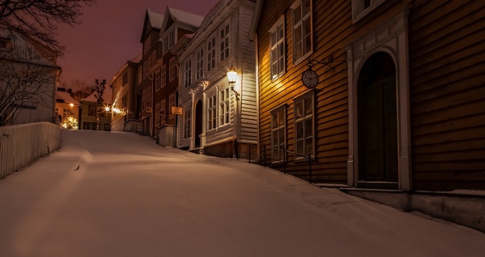 night, town, hills, house, Norway, nature, street, trees, lights, landscape, fence, winter, snow