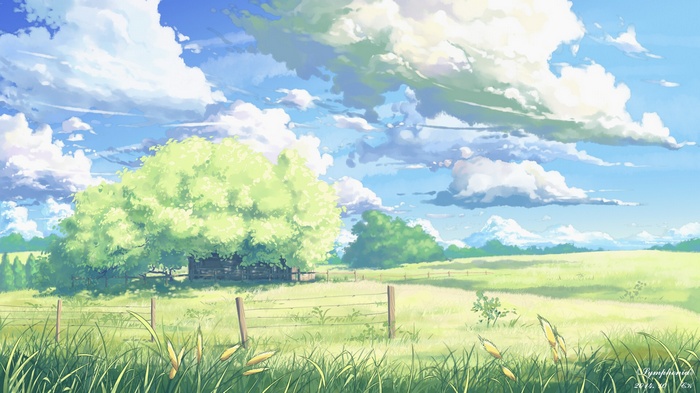 Anime landscape with a large tree and clouds