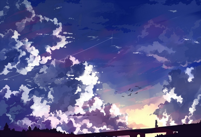 Anime sky with clouds and birds