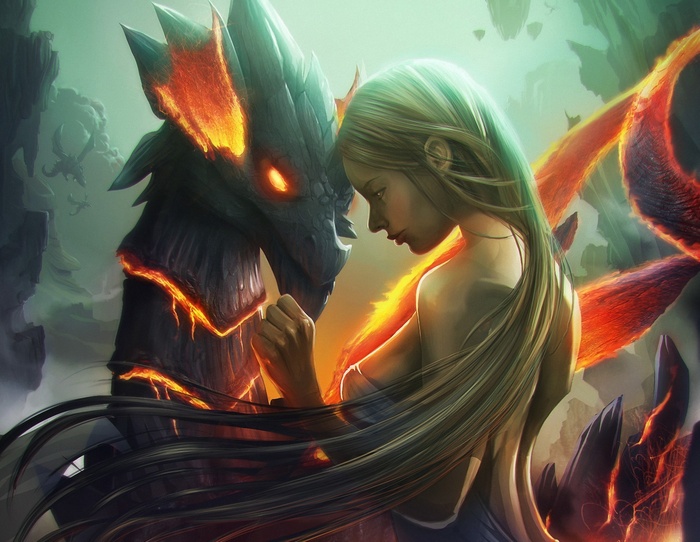 Girl and a fiery dragon in a fantasy landscape