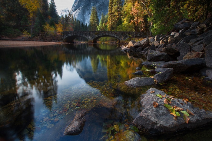 leaves, reflection, water, bridge, forest, trees, river, nature, mountains, rock, landscape