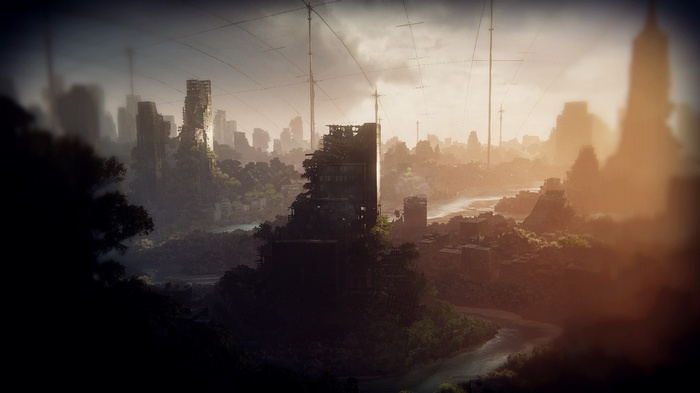Ruined city with overgrown buildings and a river