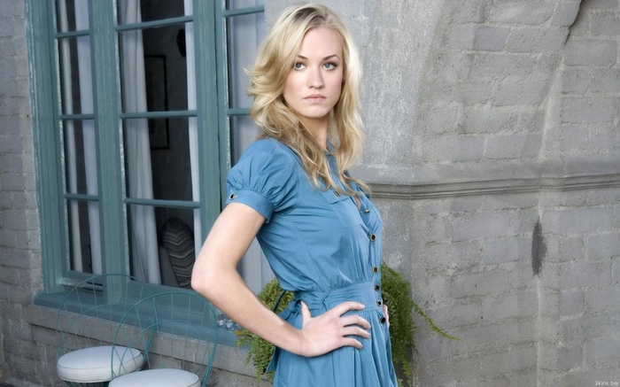 Yvonne Strahovski in a blue dress