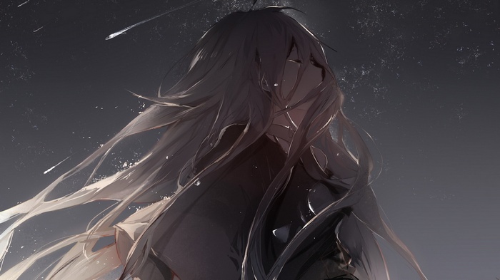 IA (Vocaloid) crying with long gray hair under the stars