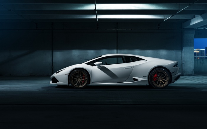 White Lamborghini Huracan LP 610-4 in parking garage
