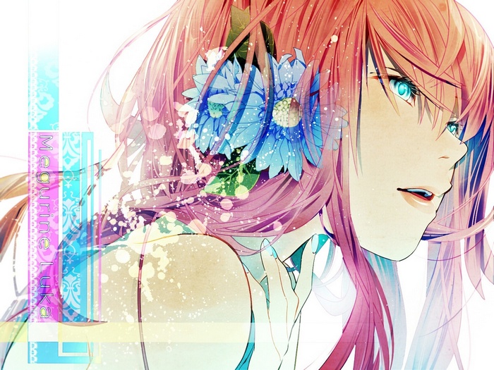 Megurine Luka with blue flowers in her hair