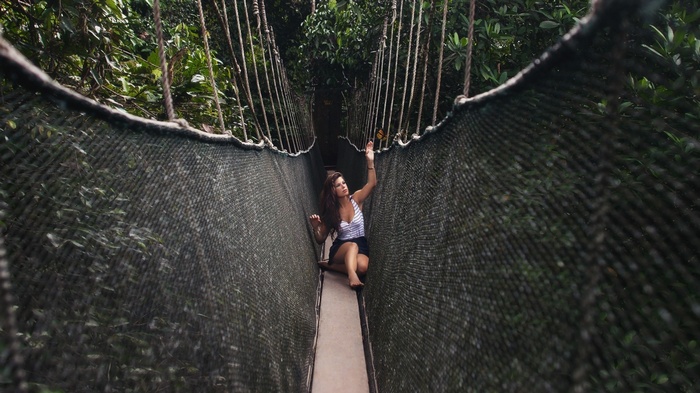 Woman sitting on a canopy bridge in a forest
